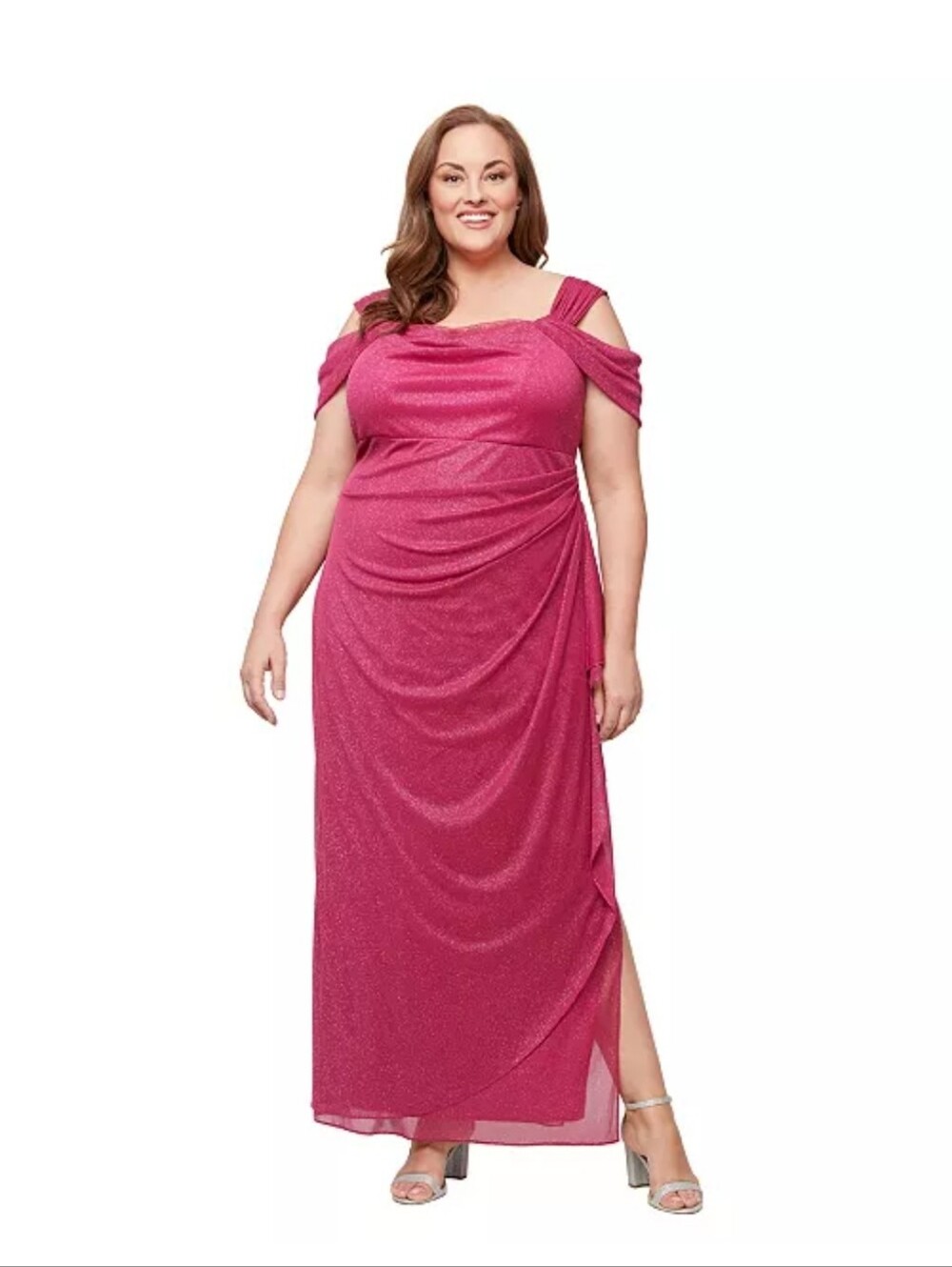 Alex Evenings Pink Glitter Ruched Draped Maxi Gown Dress 18W Formal Evening